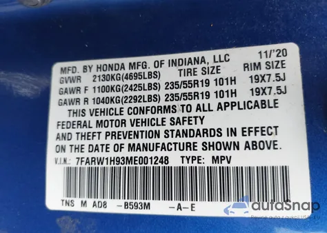 2021 Honda Cr-V 2Wd Touring from USA, damaged, VIN 7FARW1H93ME001248